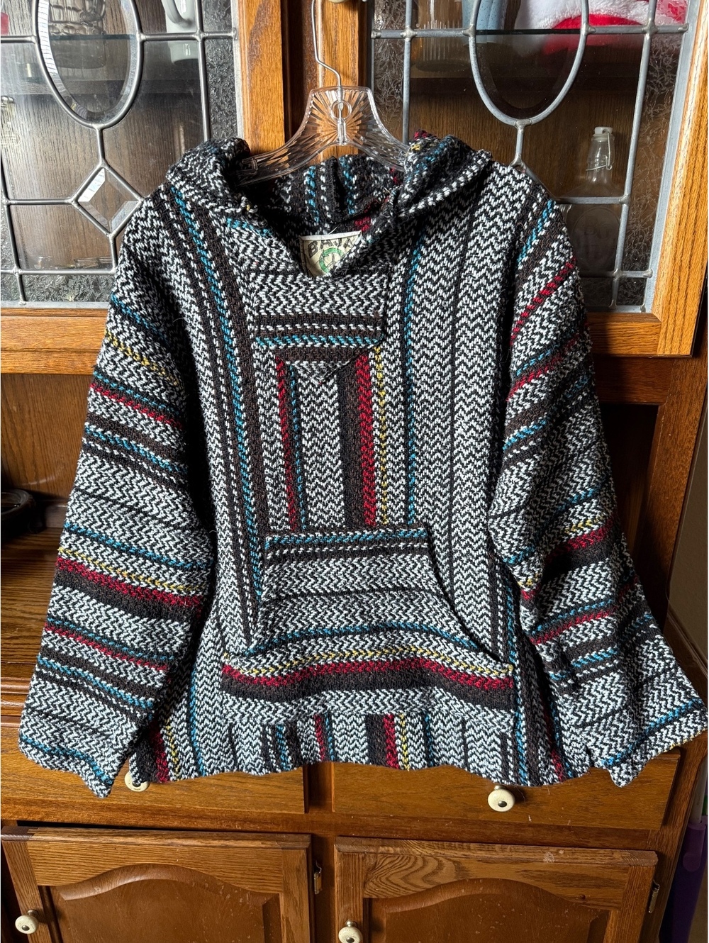 Baja Joe Drug Rug Hoodie L Black White Mexican Baja Pullover Hippie Surf Skater